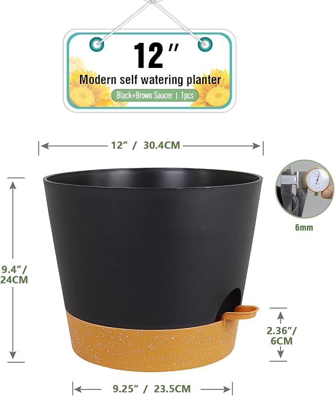 12 inch Large Self Watering Pots, Plant Pots with Mesh Drainage Holes for Indoor Outdoor Plants, Plastic Planters with Deep Reservoir for Garden House Flower Plants, Black with Brown-VerdiqueGarden