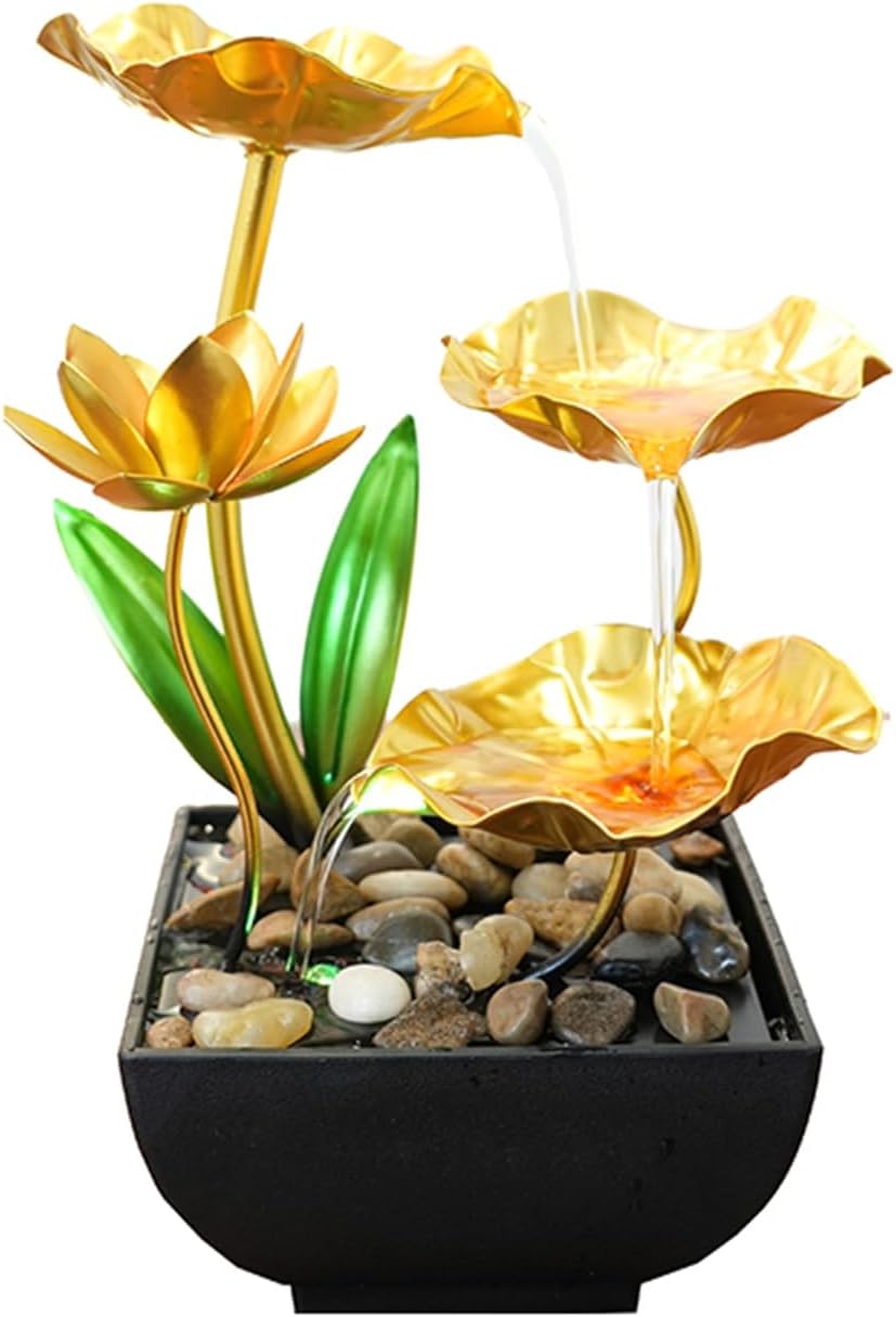 Gold Tabletop Water Fountain, Desktop Waterfall, Indoor Lotus Desktop Decorative Fountain, Home Bathroom Bedroom Decor.-VerdiqueGarden