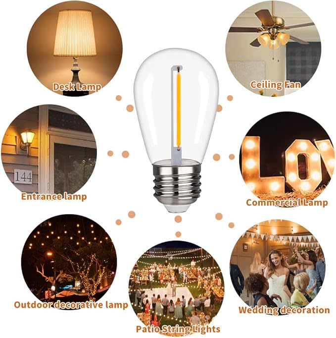 S14 Replacement LED Light Bulbs, Shatterproof & Waterproof 1W S14 LED Bulbs, E26 Base Patio Edison LED Light Bulbs for Outdoor String Lights , Warm White 2200K Plastic 70ML Non-Dimmable 30 Pack-VerdiqueGarden
