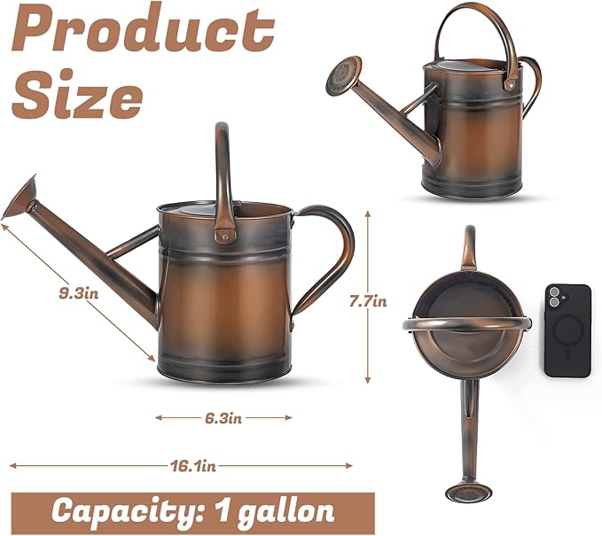 1 Gallon Watering Can for Plants, Watering Cans for Indoor&Outdoor Gardening, Galvanized Steel Watering Pot with Removable Spout, Metal Water Can with Ergonomic Movable Handle(Copper)-VerdiqueGarden