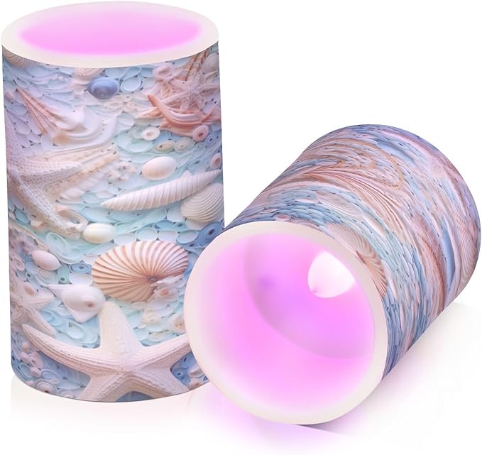Flickering Flameless Candles, Starfish Seashell LED Candles with Remote Timer, Set of 2 Battery Operated Candle for Valentine Wedding Birthday-VerdiqueGarden