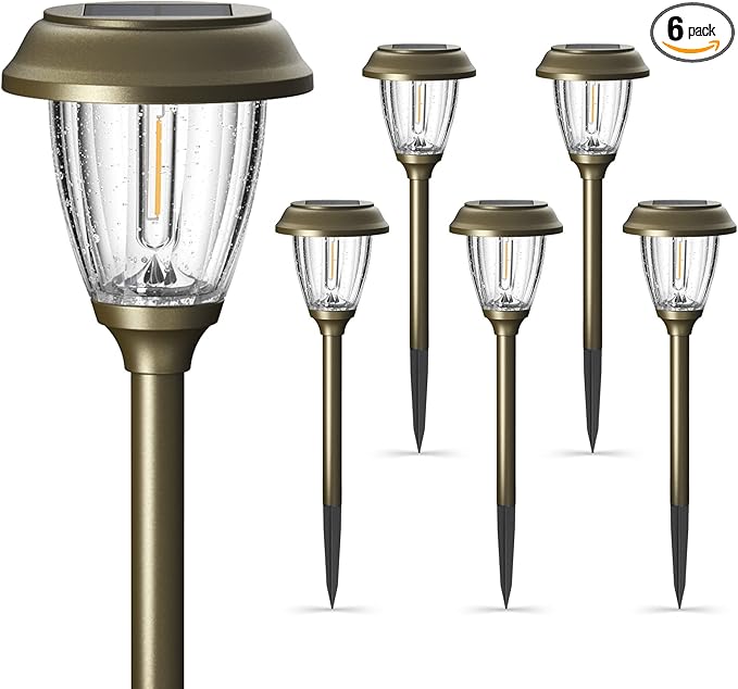 XMCOSY+ Solar Lights Outdoor 10/25 LM LED with 2 Lighting Modes, Solar Garden Lights Glass and Metal, IP65 Waterproof Solar Powered for Yard Pathway Walkway Driveway Patio (6 Pack, Warm White)-VerdiqueGarden