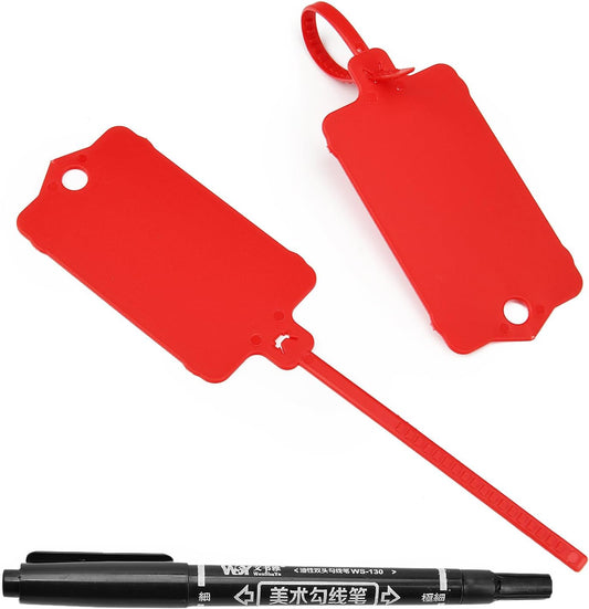 100pcs Blank Plastic Tags for Labeling Reusable Hanging Tags Ties Key Tag Storage Labels Waterproof Plastic Mark Label Writable Hang Sign with One Marker Pen (Red)-VerdiqueGarden