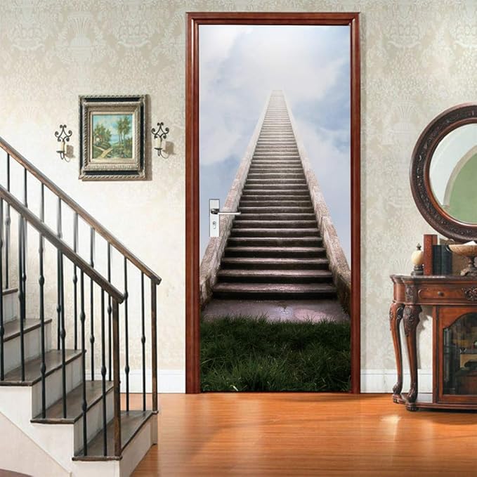 3D Door Stickers Murals - Stairs - Peel and Stick - Waterproof & Washable - Matt Finish - Modern Style - White - 33.9" x 78.7"-VerdiqueGarden