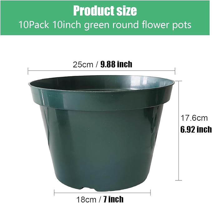 10 Pack Plastic Planter Pots, 10 Inch Thick Plant Pots with Multiple Drainage Holes, Pots for Plants Such as Herbs Strawberry and Flowers, Green Growing Planters for Outdoor Plants or Indoor (Green)-VerdiqueGarden
