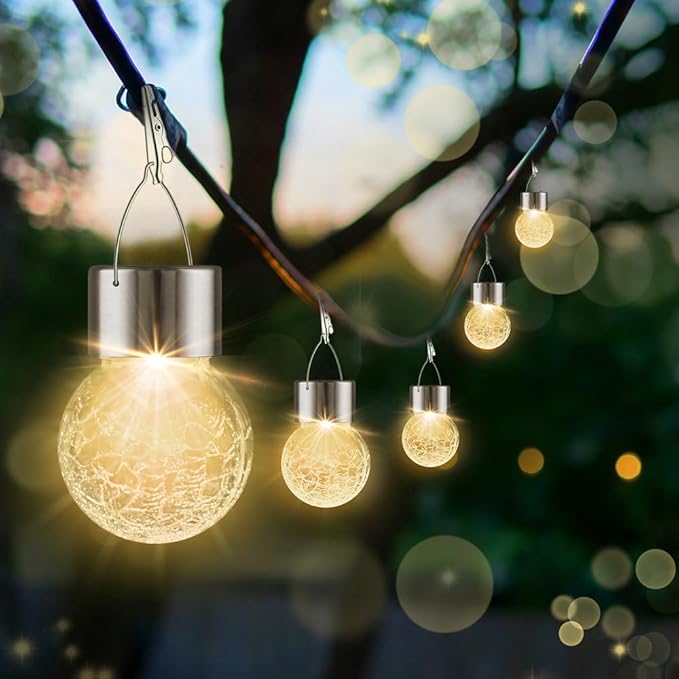 Solar Lights Outdoor Decorative 32 Pack, Hanging Solar Garden Lights Waterproof, Solar Powered Globe Lantern Cracked Glass Ball Lights for Yard Patio Fence Tree Umbrella Holiday Decoration, Warm White-VerdiqueGarden