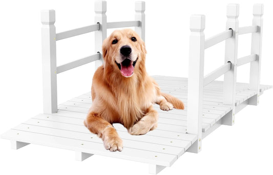 VINGLI Garden Bridge, Classic Wooden Arch with Safety Rails Footbridge (White, 5 ft)-VerdiqueGarden