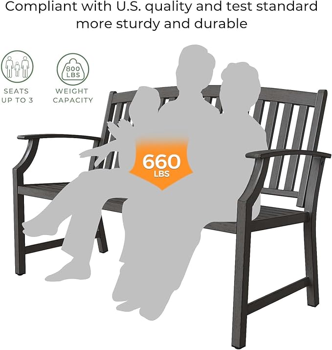 Grand patio 52" Farmhouse Outdoor Bench, Garden Benches with Rust Free Metal Powder Coated Frame and Aluminum Backrest, Faux Wood Grain Finish Frame Patio Bench for Front Porch, Weathered Grey-VerdiqueGarden