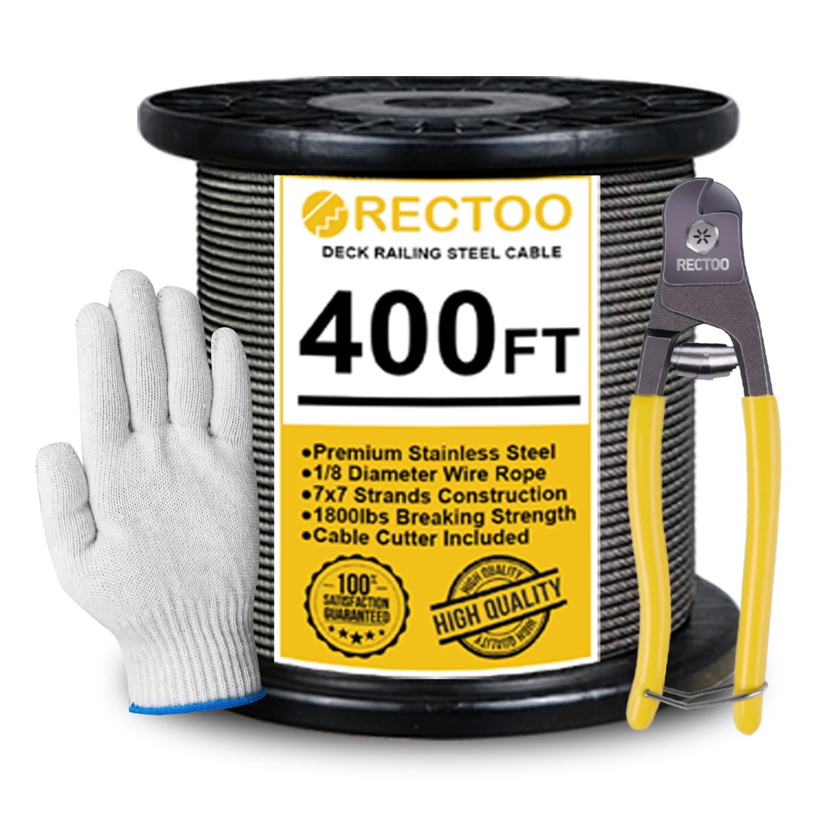 Black 400FT 1/8" T316 Stainless Steel Cable with Cutter, 7x7 Strands Aircraft Wire Rope for Deck Railing, Stair Handrail, Porch Fence, High Strength for Indoor and Outdoor Use-VerdiqueGarden