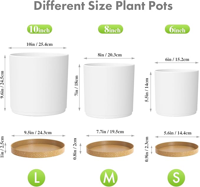 10/8/6 inch Deep Plant Pots, 3 Pack Cylindrical Large Flower Pots for Outdoor Indoor Plants, Tall Plastic Planters with Drainage Holes and Saucers for Garden House Plants, White with Brown-VerdiqueGarden