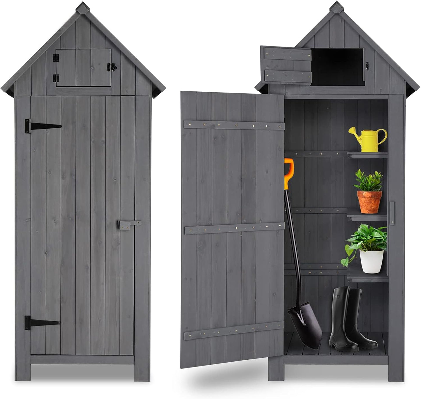 Outvita Outdoor Storage Shed, 70 Inch Wooden Garden Storage Cabinet, Waterproof Tool Storage Cabinet with Lockable Door, Wooden Garden Shed Outdoor Shed for Garden Backyard Lawn(Grey)-VerdiqueGarden