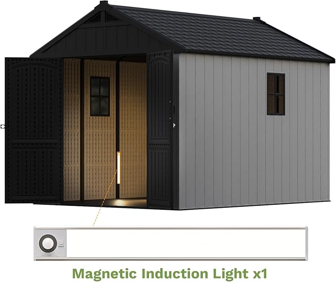 Patiowell 8 x 10 FT Resin Outdoor Storage Shed with Floor and Light, Large Plastic Barn with Lockable Door for Garden Tools, Backyard, Bike Storage, Easy Installation in Beige (Kick-it Shed)-VerdiqueGarden