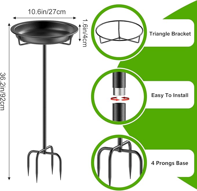 Metal Bird Bath for Outside Garden Birdbath Bowl, 36.2" Height Freestanding Bird Feeders for Outdoors with 4 Prongs Base Stake, Standing Birdfeeders for Yard Lawn Decor (Black)-VerdiqueGarden