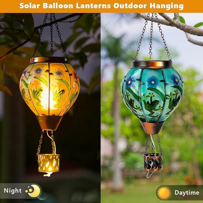 Starsoul Frog Hot Air Balloon Solar Lantern with Candle Holder Glass Outdoor Solar Hot Air Balloon Flickering Flame Lamp Hanging Garden Light Waterproof for Lawn Porch Tree Yard Decorations-VerdiqueGarden