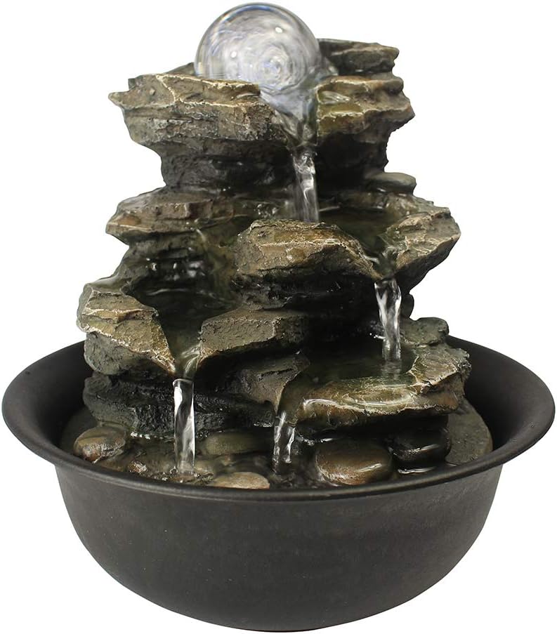 8.3" High 4-Tier Cascading Rock Falls Tabletop Water Fountain with LED Light & Spinning Ball - Indoor Small Waterfall Feature for Office, Home and Bedroom Desktop Decor Dark Grey-VerdiqueGarden