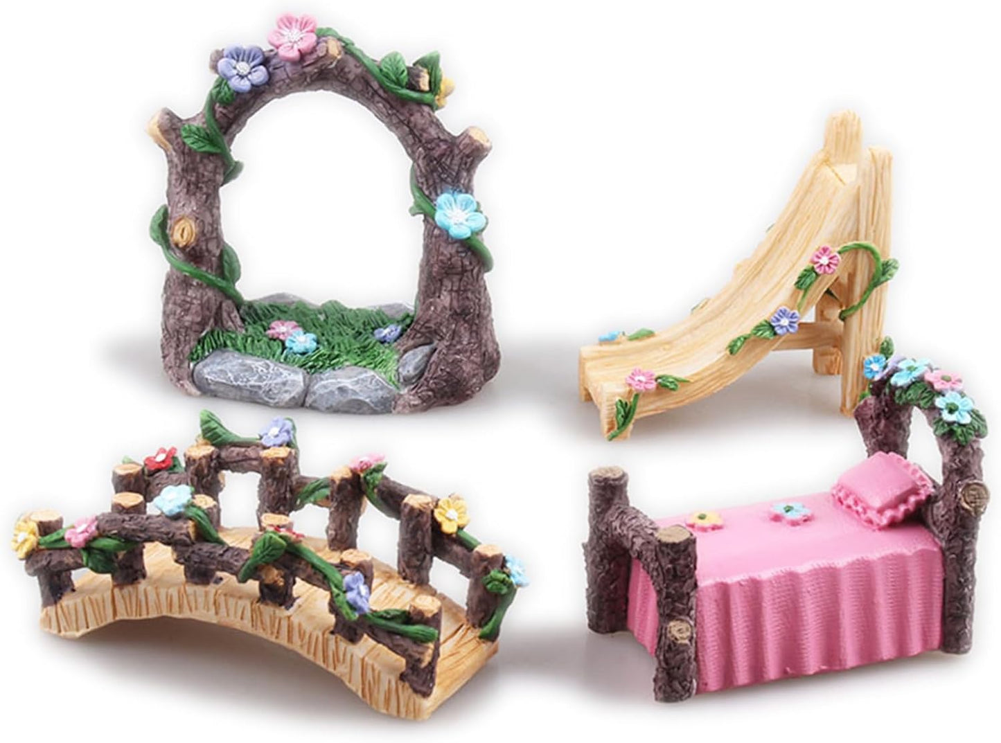 Kai Dream Miniature Fairy Garden Accessories Set, 4 Piece Resin Decorative Landscape Kit with Arch, Bridge, Bed and Slide, Floral Garden Ornaments-VerdiqueGarden