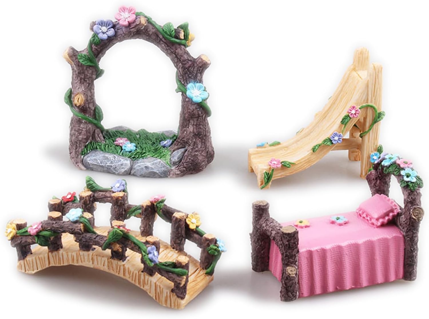 Kai Dream Miniature Fairy Garden Accessories Set, 4 Piece Resin Decorative Landscape Kit with Arch, Bridge, Bed and Slide, Floral Garden Ornaments-VerdiqueGarden