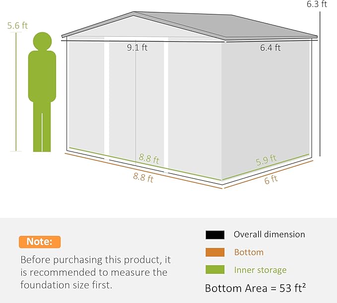 Outsunny 9' x 6' Outdoor Storage Shed, Garden Tool Metal Shed with Foundation Kit, Double Lockable Door, Air Vents and Sloping Roof, for Backyard, Patio, Lawn, Yellow-VerdiqueGarden