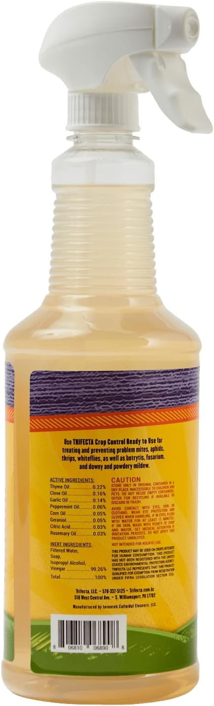 Trifecta Crop Control Ready to Use Maximum Strength Natural Pesticide, Fungicide, Miticide, Insecticide, Help Defeat Spider Mites, Powdery Mildew, Botrytis and Mold on Plants 32 OZ Size-VerdiqueGarden
