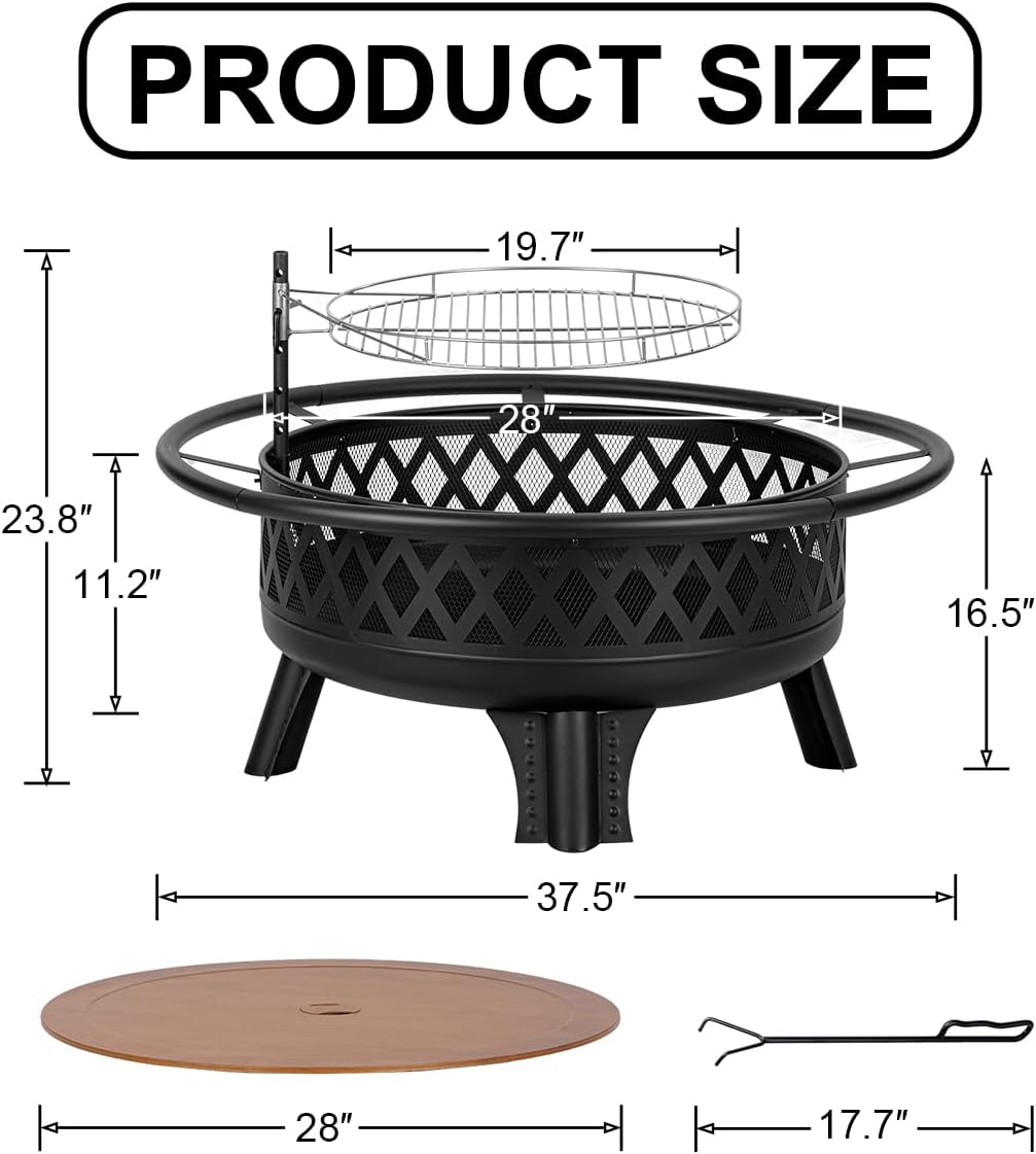 38 Inch Wood Burning Fire Pit for Outside, Round Firepit with Grill & Metal Lid, Metal Outdoor Fire Pit Table for Patio Backyard Garden Bonfire Party-VerdiqueGarden