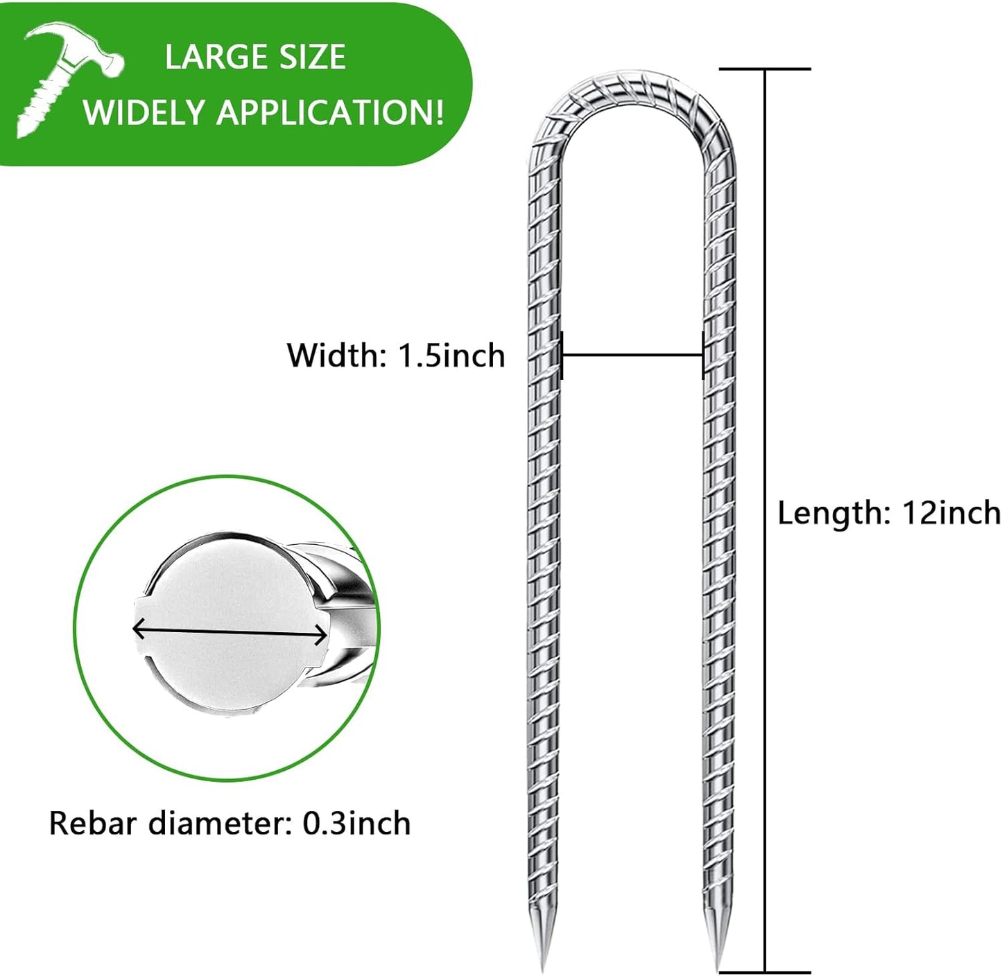 Rebar-Stakes-12-Inch-Galvanized, U Hook Trampoline Stakes 6 Pack Ground Anchors Tent Stakes Heavy Duty for Plants Anti-Rust Landscape Fabric Stakes Artificial Turf-VerdiqueGarden