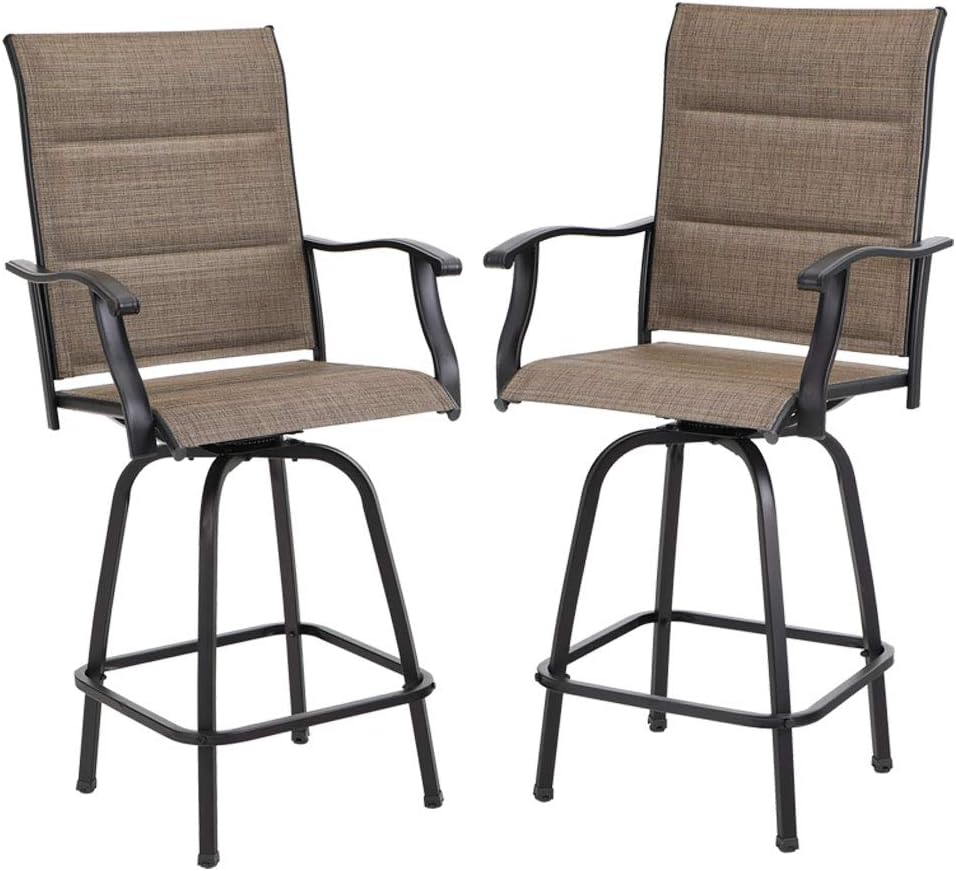 PHI VILLA Outdoor Swivel Bar Stools Set of 2, High Top Patio Chairs with Padded Textilene Seating, All-Weather Bar Height Furniture for Kitchen or Outside, Padded Brown Textilene-VerdiqueGarden