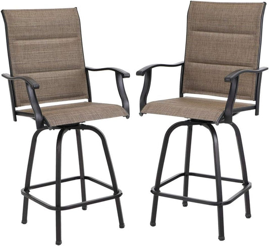 PHI VILLA Outdoor Swivel Bar Stools Set of 2, High Top Patio Chairs with Padded Textilene Seating, All-Weather Bar Height Furniture for Kitchen or Outside, Padded Brown Textilene-VerdiqueGarden