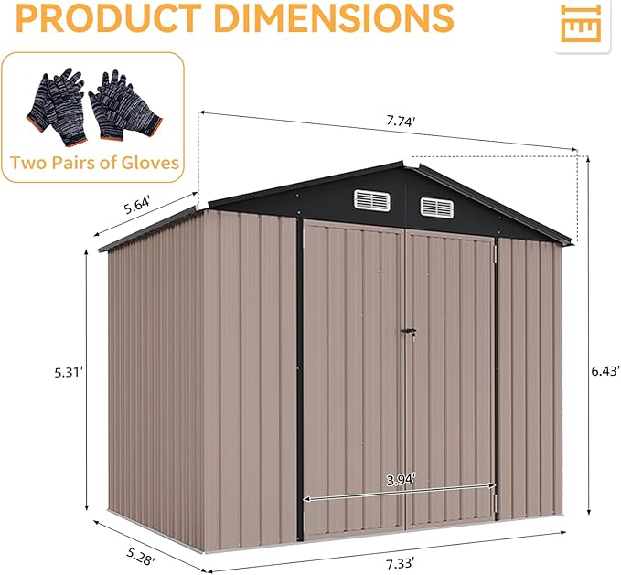 Aoxun 7x5 FT Outdoor Storage Shed with Floor Garden Metal Shed with Lockable Door Outdoor Large Shed for Tool, Garbage Can, Bike, Mower, Brown-VerdiqueGarden
