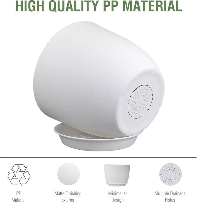 12 inch Large Plant Pots, Plastic Planters with Drainage Holes and Saucers, Flower Pots for Indoor Outdoor Plants, Modern Decorative Pots for Garden House Plants, White-VerdiqueGarden