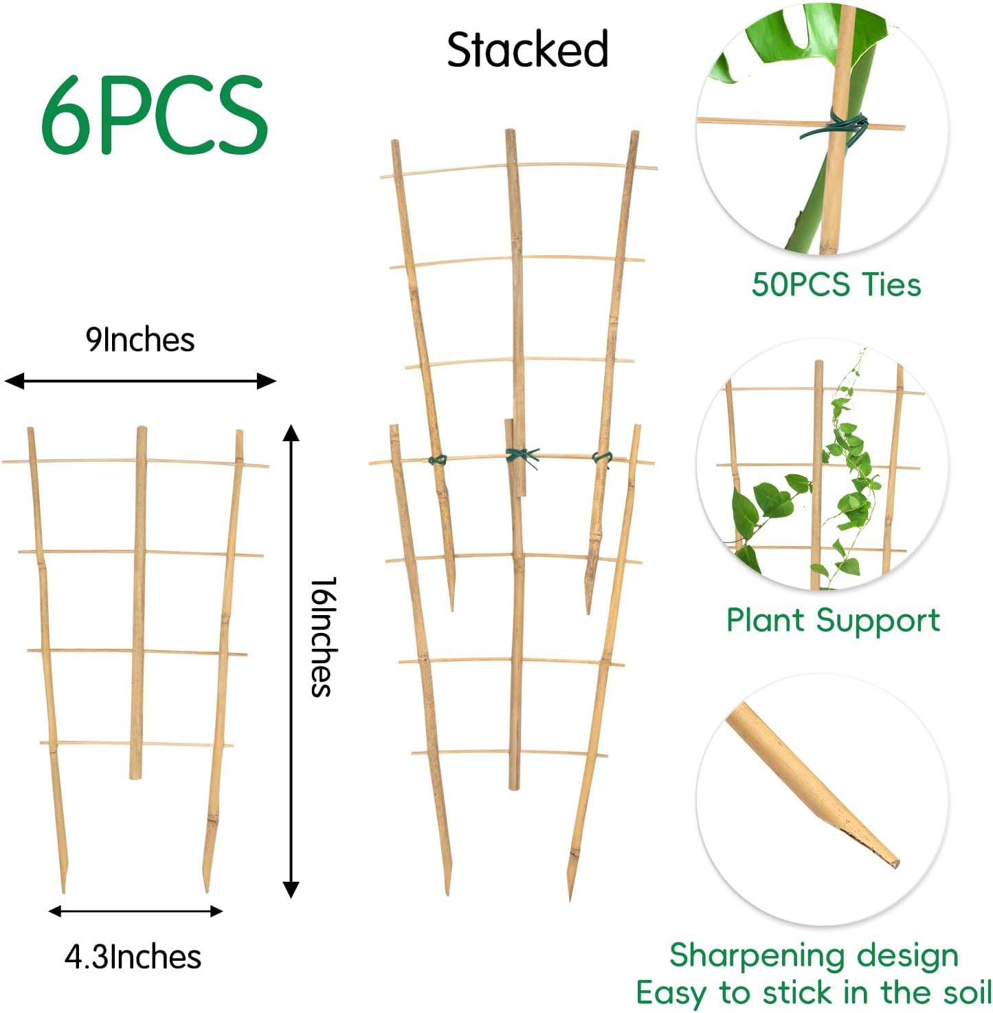 Garden Bamboo Trellis 16 Inch Fan Shaped Small Plant Trellis,Natural Wood Trellis for Climbing Plants Orchid Monstera Indoor Potted Plants-6 Pack-VerdiqueGarden