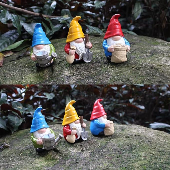 Set of 3 Mini Garden Gnome Statues - Resin Figurines for Indoor and Outdoor Decoration - Whimsical Mini Ornaments for Home, Patio, Yard, and Garden Decor-VerdiqueGarden