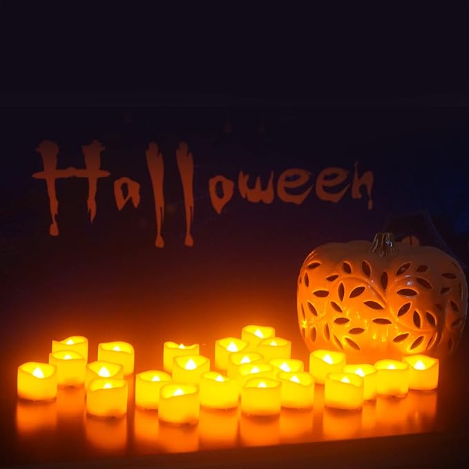 CANDLE CHOICE Battery Operated Flameless Tea Lights Orange Flickering LED Electric Fake Votive Tealight Candles Halloween Pumpkin Thanksgiving Christmas Decorations Centerpieces 24 Pack Batteries Incl-VerdiqueGarden