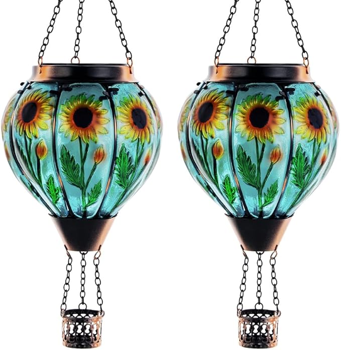 Starsoul 2 PC Sunflowers Hot Air Balloon Solar Lantern with Flame Glass Hanging Outdoor Hot Air Balloon Solar Light Waterproof Garden Patio Yard Party Decorations-VerdiqueGarden