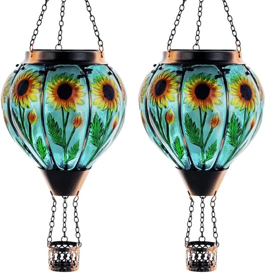 Starsoul 2 PC Sunflowers Hot Air Balloon Solar Lantern with Flame Glass Hanging Outdoor Hot Air Balloon Solar Light Waterproof Garden Patio Yard Party Decorations-VerdiqueGarden