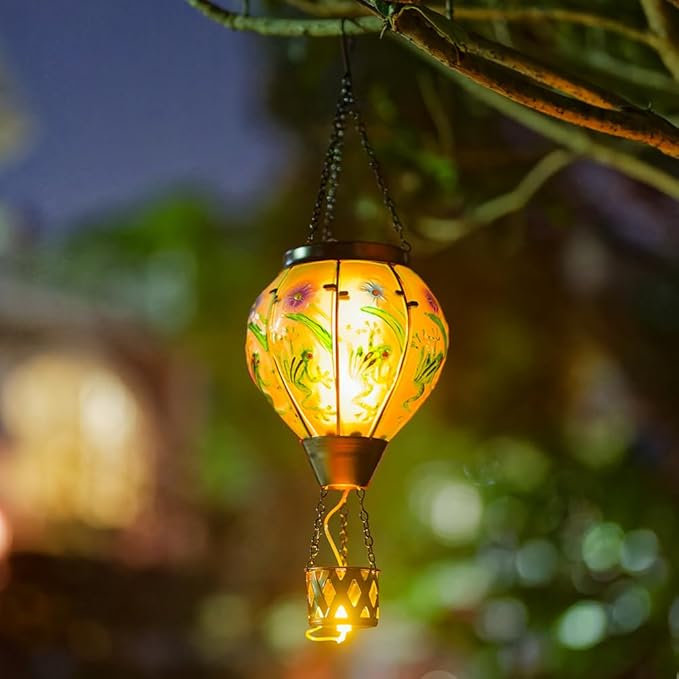Starsoul Frog Hot Air Balloon Solar Lantern with Candle Holder Glass Outdoor Solar Hot Air Balloon Flickering Flame Lamp Hanging Garden Light Waterproof for Lawn Porch Tree Yard Decorations-VerdiqueGarden