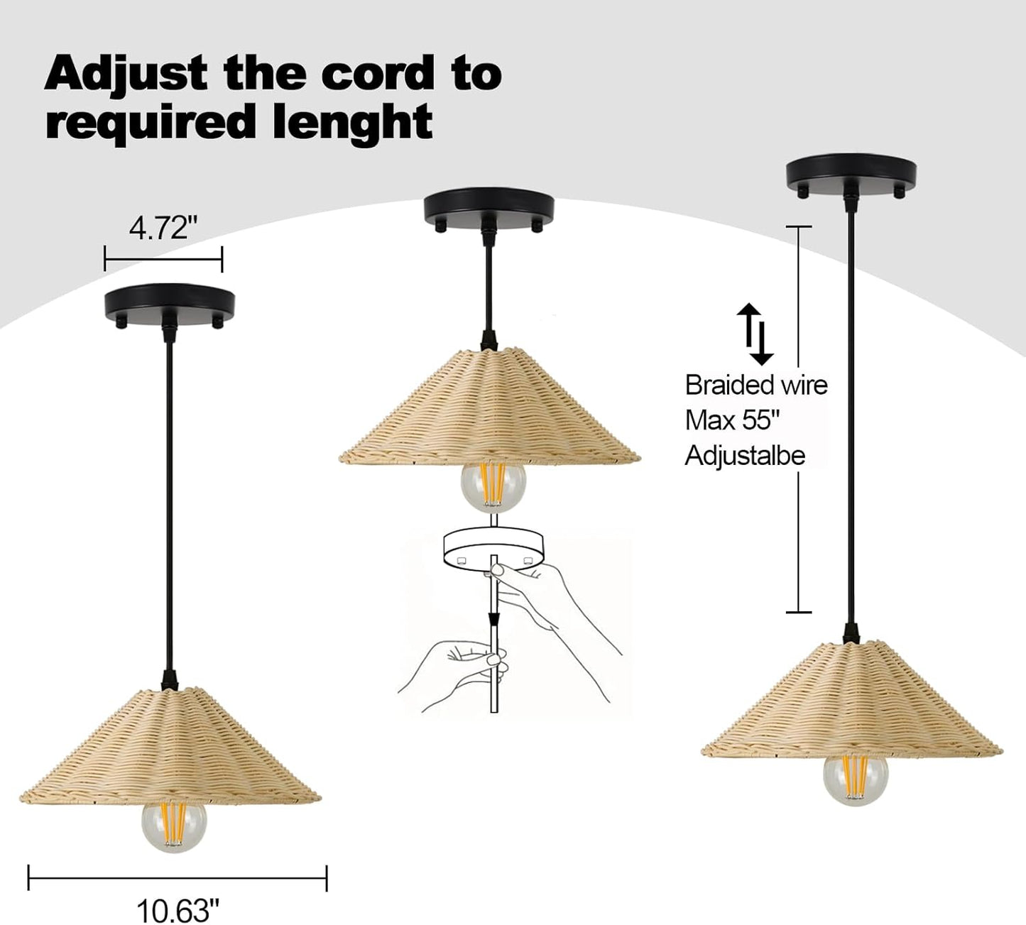 TERLEENART Hard Wired Rattan Pendant Lights Set of 2,Farmhouse Coastal Woven Wicker Ceiling Light with 10.65” Cone Shade, Boho Wired Mounted Hanging Chandelier for Bedroom Dining Room Kitchen Island-VerdiqueGarden