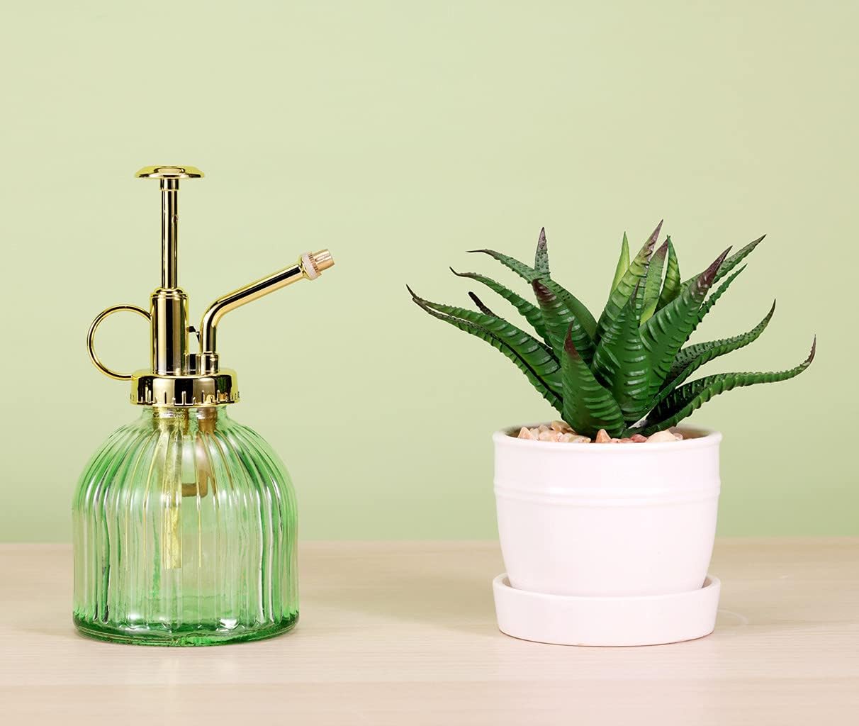 Glass Plant Mister Spray Bottle, 6.5" Green Glass Water Spray Bottle with Gold Top Pump Small Watering Can, Small Plant Sprayer Mister for Indoor Outdoor House (Green+Gold A)-VerdiqueGarden