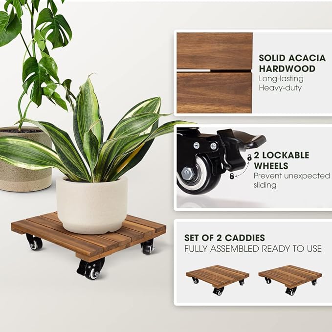 Idzo 2-Pack 14 Inch Wood Plant Caddy with Wheels Heavy Duty, 264 lbs Acacia Hardwood Plant Caster Dolly Rolling Stand with 360° Lockable Wheels for Heavy Plant Pots and Outdoor Use-VerdiqueGarden