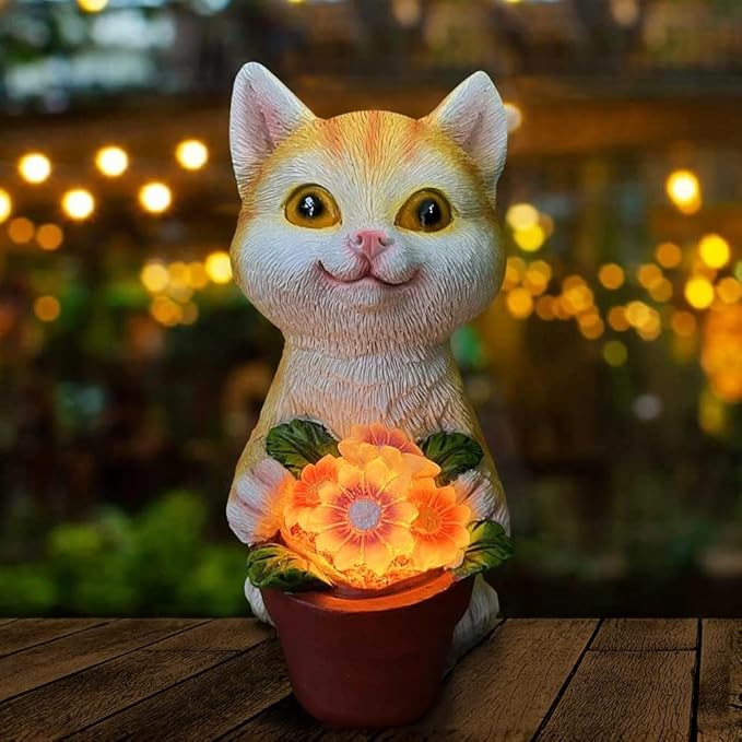 YODY Solar Garden Statues Outdoor Decor- Yard Decorations for Patio, Balcony, Backyard, Lawn Ornaments - Cat Statue with Flower Pot- Unique Cat Lover Gifts for Mom, Grandma, Women-VerdiqueGarden