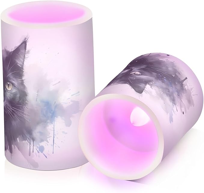 Flickering Flameless Candles, Black Cat Print LED Candles with Remote Timer, Set of 2 Battery Operated Candle for Valentine Wedding Birthday-VerdiqueGarden