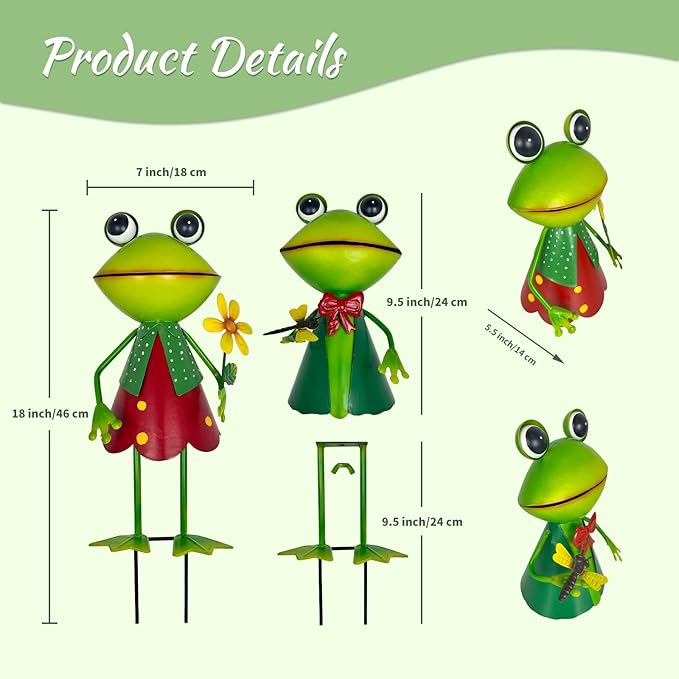 HONGLAND Frog Metal Yard Art - Cute Frogs Garden Decor for Outside - 3D Frog Figurines Outdoor Statues for Lawn Patio Pathway Yard Holiday (with Flower)-VerdiqueGarden