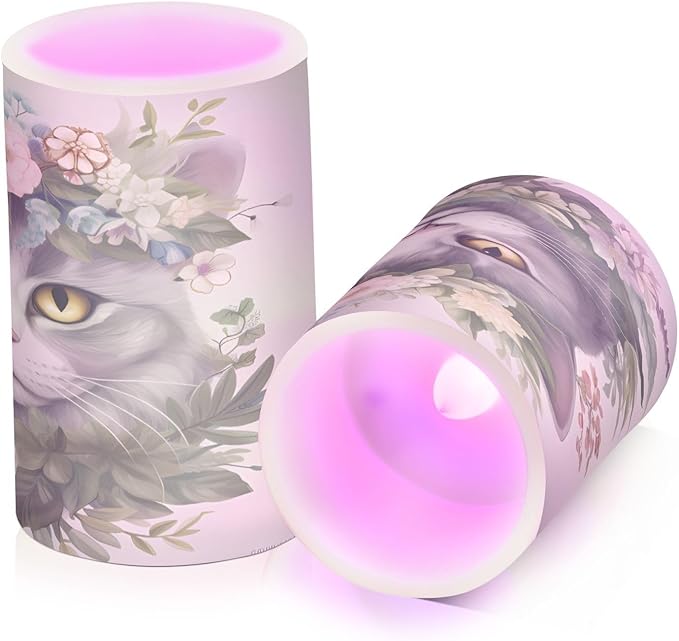 Flickering Flameless Candles, Cat Head Flowers LED Candles with Remote Timer, Set of 2 Battery Operated Candle for Valentine Wedding Birthday-VerdiqueGarden