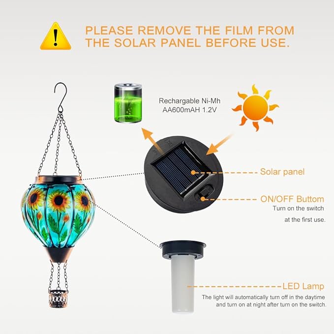 Starsoul 2 PC Sunflowers Hot Air Balloon Solar Lantern with Flame Glass Hanging Outdoor Hot Air Balloon Solar Light Waterproof Garden Patio Yard Party Decorations-VerdiqueGarden
