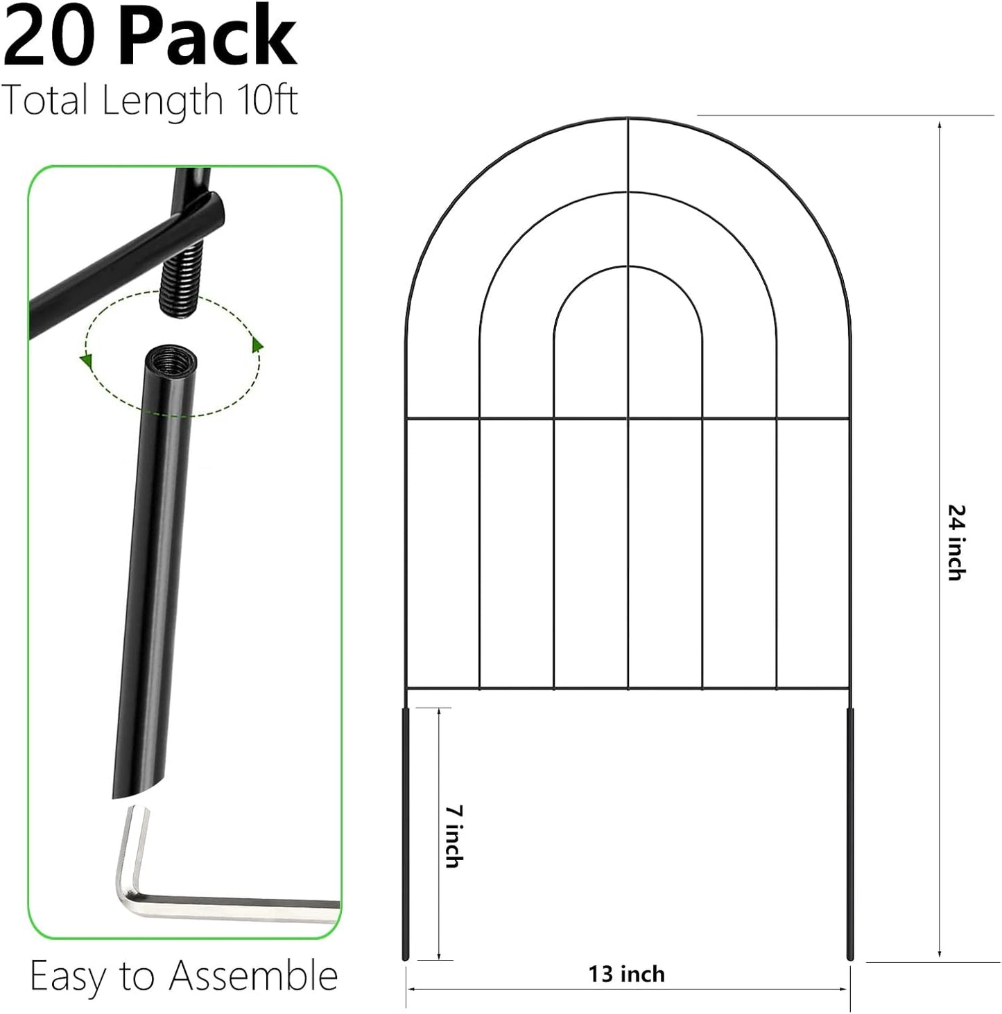 Decorative Garden Fence 20 Pack, Total 20ft(L) x 24in (H) No Dig Rustproof Metal Wire Fencing Border Animal Barrier, Flower Edging for Landscape Patio Yard Outdoor Decor, with 32ft Leaves-VerdiqueGarden