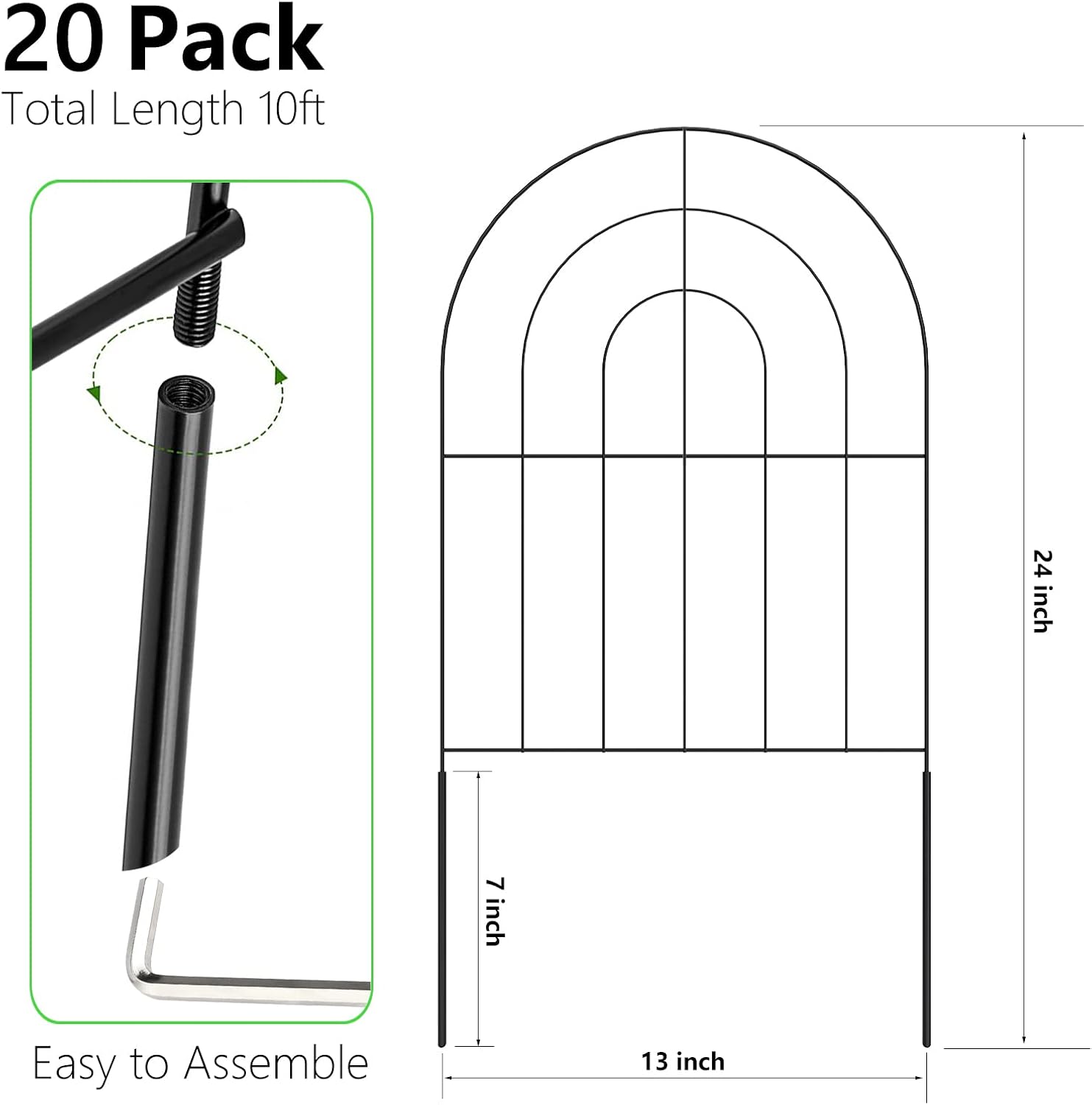 Decorative Garden Fence 20 Pack, Total 20ft(L) x 24in (H) No Dig Rustproof Metal Wire Fencing Border Animal Barrier, Flower Edging for Landscape Patio Yard Outdoor Decor, with 32ft Leaves-VerdiqueGarden