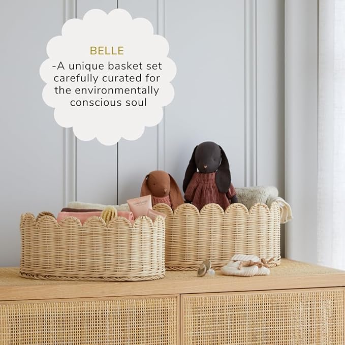 BEBE BASK Premium Scalloped Basket Set Of 2 - Scallop Basket - 16 x 10 x 7 Inch - Hand-Woven Elegant Wicker With Scalloped Edge - Nursery Storage (Natural)-VerdiqueGarden