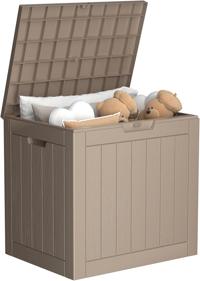 36 Gallon Outdoor Deck Box,Storage Lockable Waterproof Patio Furniture,Garden Tools,Cushions,Pool Accessories Outside Storage Resin Box(Grey)-VerdiqueGarden