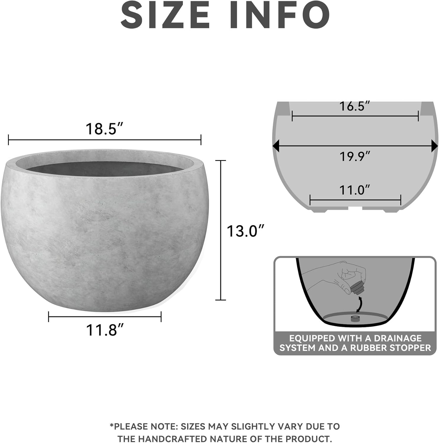 Kante 19.9" Dia Round Concrete Planter, Outdoor/Indoor Large Bowl Plant Pots with Drainage Hole and Rubber Plug for Garden Patio Balcony Home, Natural Concrete-VerdiqueGarden