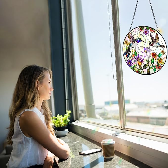 Hummingbird Suncatcher Stained Glass Window Hanging - Bird and Flowers Suncatchers for Windows - Sun Catchers Indoor Window Wall Art Home Decor Panel - Hummingbird Gifts for Women Men Mom Bird Lovers-VerdiqueGarden