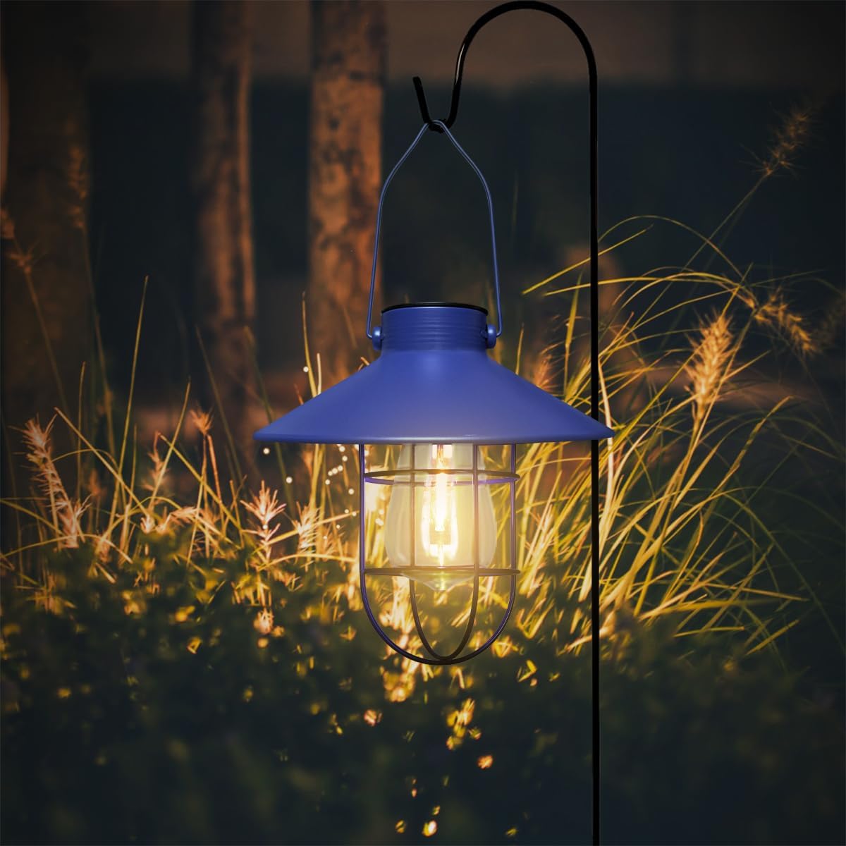 pearlstar Solar Lantern Outdoor Hanging Light Metal Farmhouse Solar Lamp with Warm White Edison Bulb Design for Garden Yard Patio Proch Decor(Blue)-VerdiqueGarden